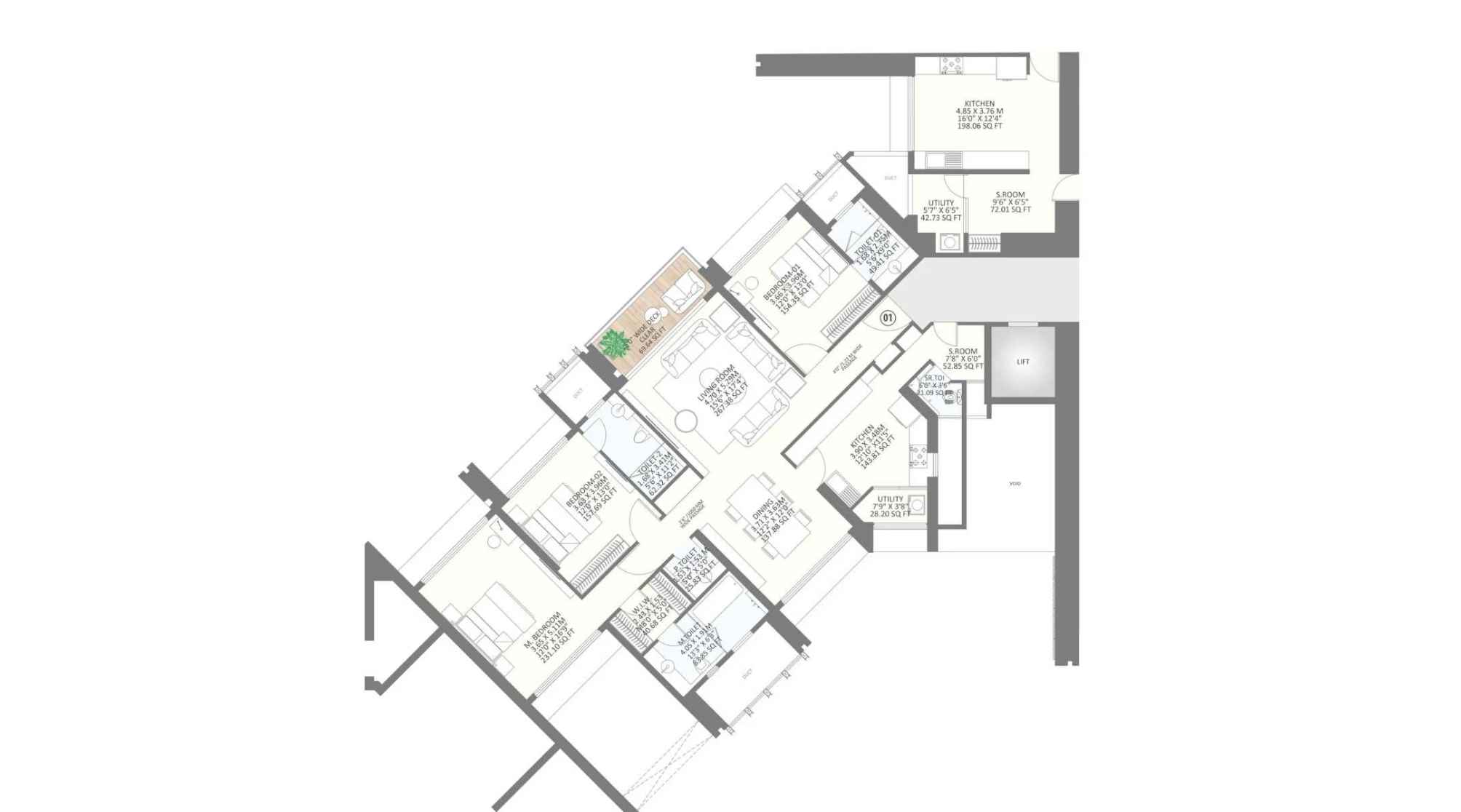 25-South-Floor-Plan-North-Tower-3-BHK-1721-Sqft