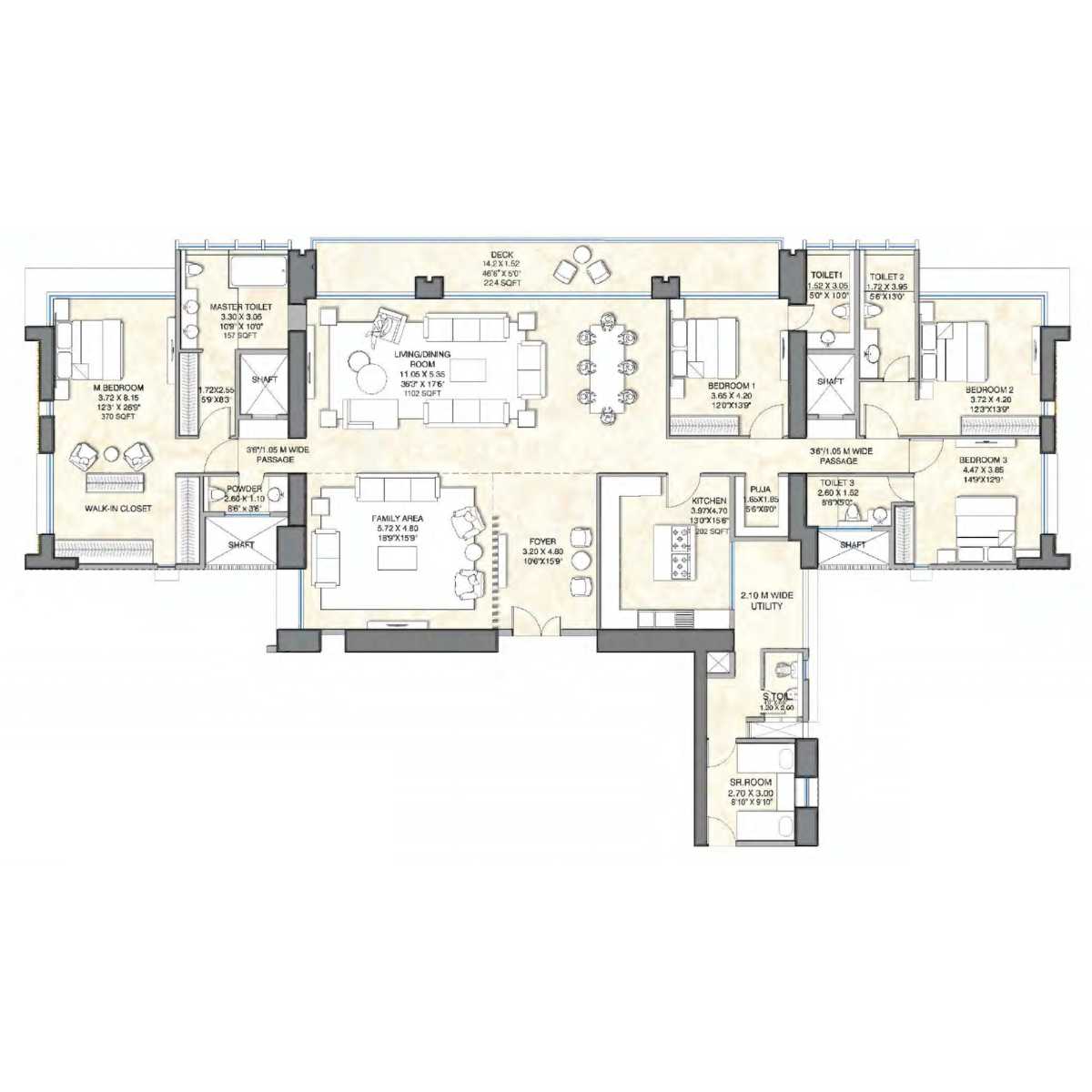 25-South-Floor-Plan-South-Tower-4-BHK-(With-Family-Living-Room-Large-Deck)-Apartment-No-3-3430-Sqft